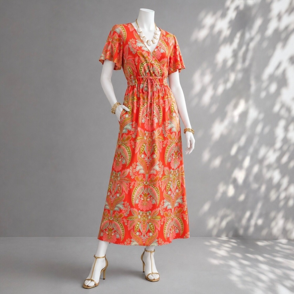 Spartina 449 Midi Dress S Lea River Club Damask Red Floral Cotton Preppy Resirt